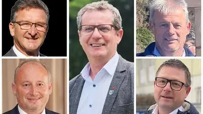 Ein Fotomontage mit den fünf Portaits der Spitzenkanditaten | Bürgermeister Thomas Schäfauer (Mitte) bekommt bei der nächsten Wahl Mitstreiter: Wolfgang Klinar, Horst Zwischenberger, Hellmuth Koch und Roman Grechenig (von links oben nach links unten)