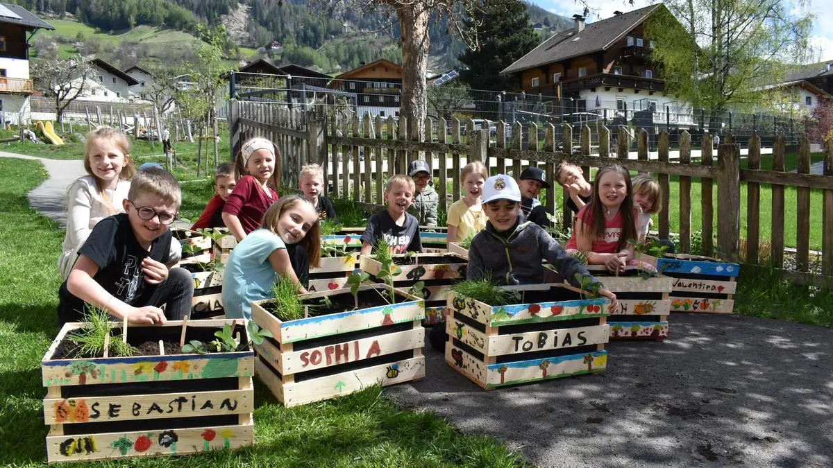 Die Kinder gestalten ihre Gärten in der Kiste