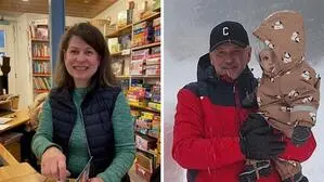 Es handelt sich um eine Fotomontage: Eine Frau steht in einer Bibliothek, am zweiten Bild steht ein Mann in Winterbekleidung und hält ein kleines Kind im Arm