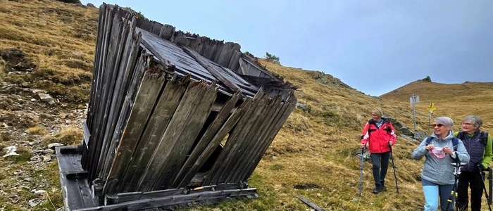 Eine Holzhütte steht auf dem Kopf