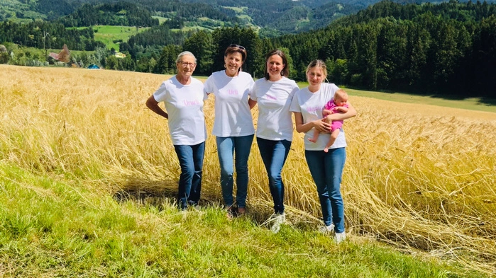 Fünf Frauen stehen vor einem Getreidefeld.