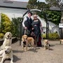 Zwei Menschen in schottischer Tracht vor ihnen stehen viele Hunde mit einer Schleife 