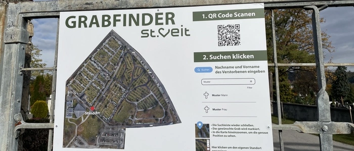 Die „Grabfinder-Karte“ wird auf einem analogen Plakat dargestellt. Sie zeigt den St. Veiter Friedhof aus der Vogelperspektive | Mit dem „Grabfinder“ kann man die Gräber schnell mit einem Klick finden