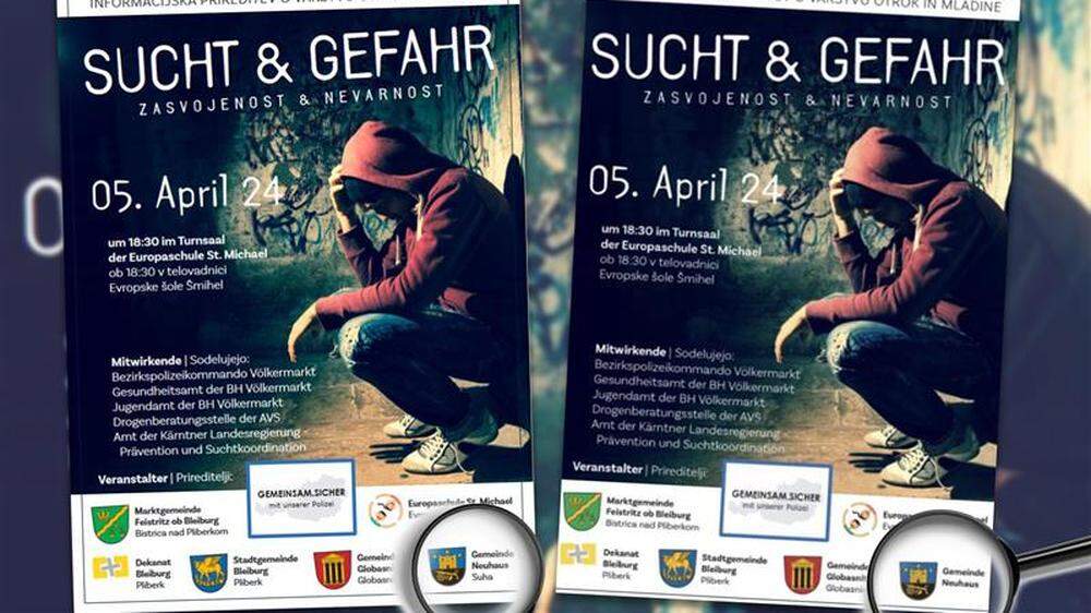 Links das Plakat mit der slowenischen Bezeichnung, rechts die Version, die in der Gemeinde-App von Neuhaus veröffentlicht wurde