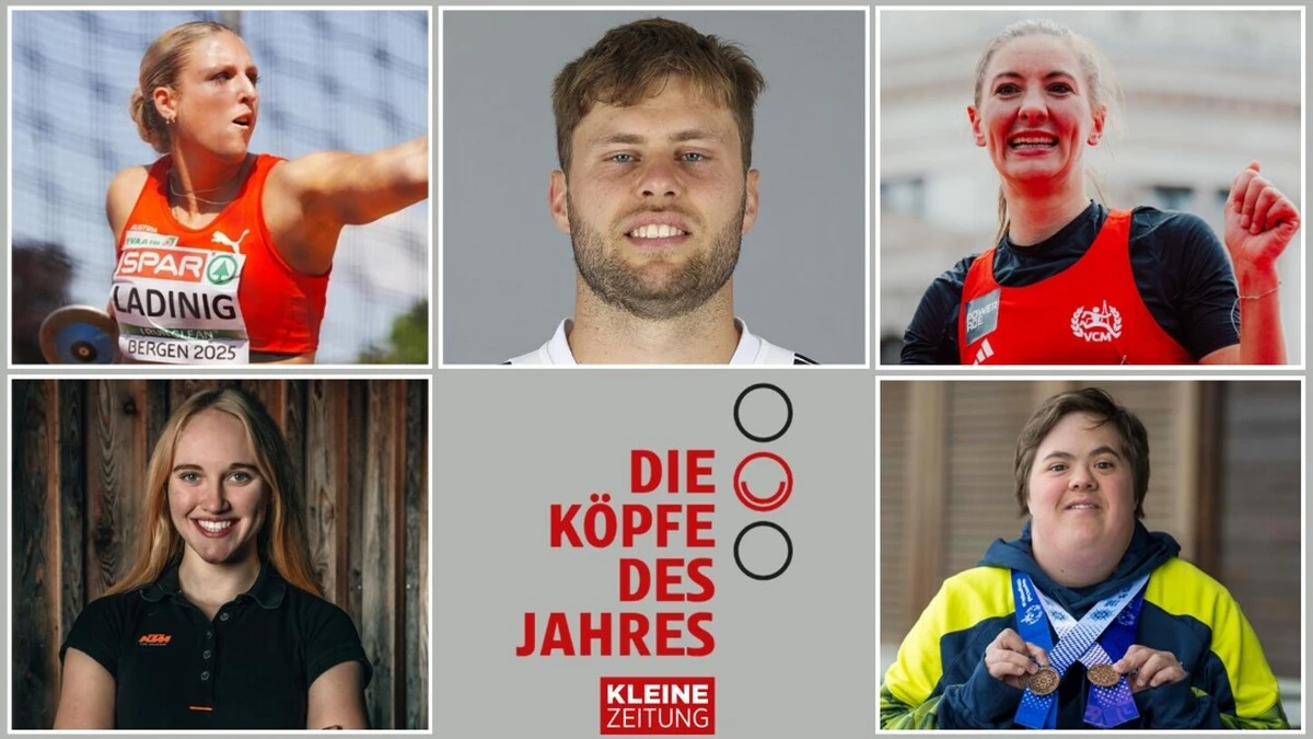 Das Bild zeigt eine Collage aller Kandidaten der Köpfe des Jahres-Wahl in der Kategorie Sport: Hannah Ladinig, Dominik Baumgartner, Eva Wutti, Nathalie Rabitsch und Katharina Sadnik | Von links oben im Uhrzeigersinn: Hannah Ladinig, Dominik Baumgartner, Eva Wutti, Nathalie Rabitsch und Katharina Sadnik