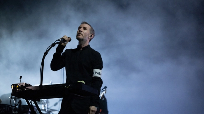 British musician Robert del Naja aka "3D" of British band Massive Attack during the 20th edition of the Rock en Seine festival in Saint-Cloud, outside Paris, on August 24, 2024. (Photo by Anna KURTH / AFP)