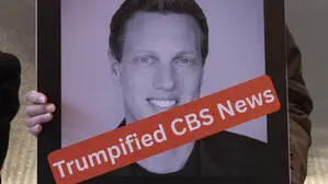 Proteste im Dezember 2025 gegen die „Trumpifizierung“ des Nachrichtensenders CBS. Im Bild: David Elllison, Chef von Paramount Skydance