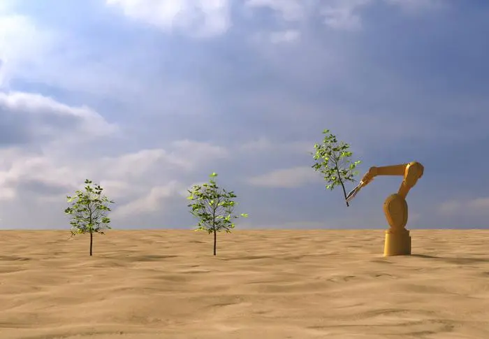 Robotic arm planting trees in desert symbolizing automation and sustainability, UWF02187