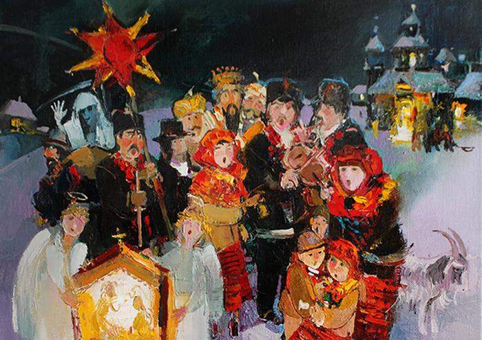 Die Kolyadnyky sind zumeist junge Menschen, die von Haus zu Haus ziehen, Weihnachtslieder singen und kurze Theaterszenen aufführen. Hier abgebildet in einem Gemälde von Viktor Zhmak.