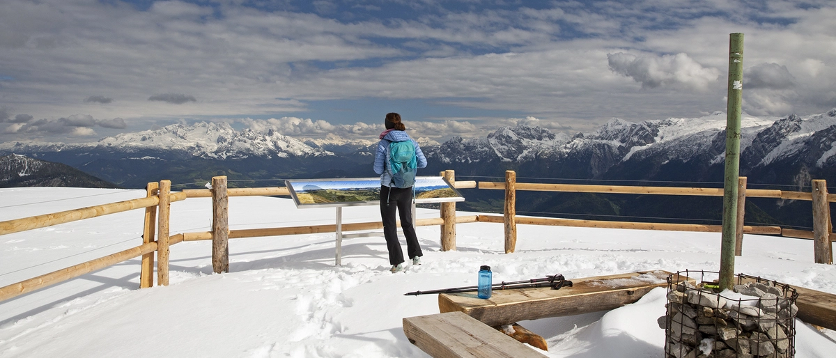 Blick vom winterlichen Gipfelplateau auf dem Trattberg zum Dachsteinmassiv