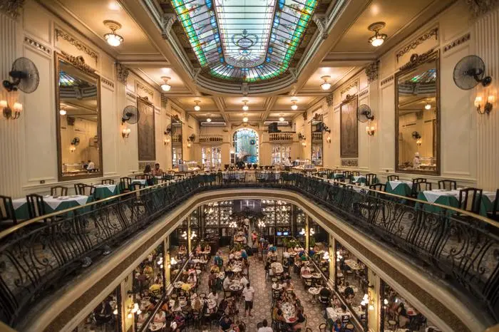 Rio de Janeiro, Rio de Janeiro, Brazil, April 2019 - view of the beautiful and famous Confeitaria Colombo (Colombo Bakery)
