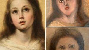 Fotokombination aus dem ursprünglichen Marienbild des spanischen Barockmalers Bartolome Esteban Murillo, dem ersten Kopierversuch (oben) und dem zweiten (unten)