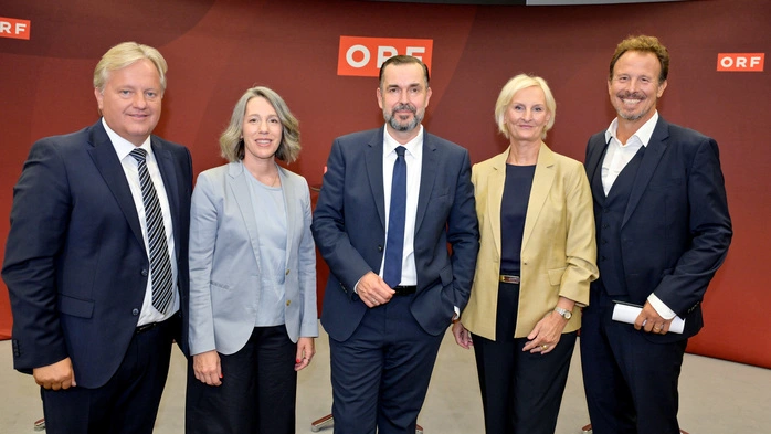Der designierte ORF-Generaldirektor Clemens Pig mit Silvia Lieb als Direktorin für „Finanzen und Verwaltung“, Michael Krön als Direktor für „Programm und Brands“, Angelika Simma-Wallinger als Direktorin für „Audience und Plattformen“ und Harald Kräuter als Direktor für „Technologie und Innovationen“