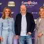 RTL-Chefin Inga Leschek, Stefan Raab und ARD-Programmdirektorin Christine Strobl bei der Pressekonferenz in Berlin