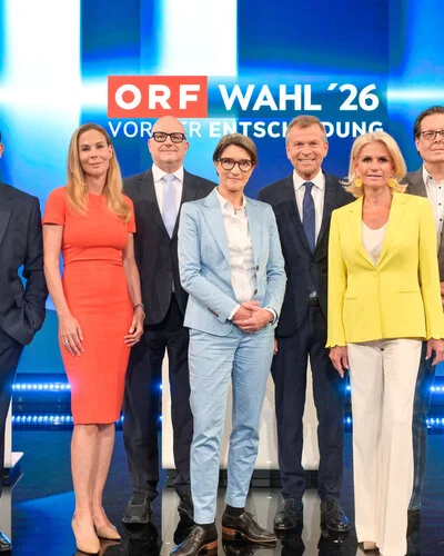Im Bild das Bewerberfeld: Clemens Pig, Eva Schütz, Johannes Larcher, Lisa Totzauer, Markus Breitenecker, Kathrin Zierhut-Kunz und Robert Altenburger (von links)