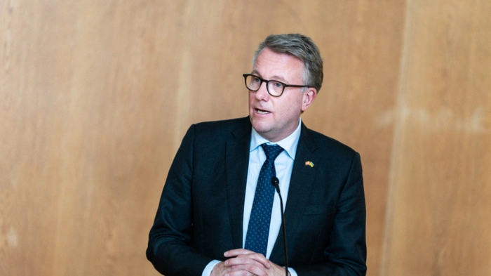 Denmark's Minister of Business Morten Boedskov speaks during the government's launch of the strategy for maritime security at the Naval Officers' School of the Royal Danish Naval Academy in Holmen, Copenhagen, Denmark, on February 6, 2025. (Photo by Emil Nicolai Helms / Ritzau Scanpix / AFP) / Denmark OUT