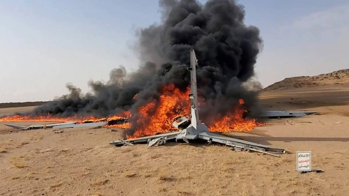 A handout image made available by the Ansarullah Media Center on July 26, 2026, shows what Iran-backed Houthi rebels say is the wreckage of a downed Saudi drone, in the northwest of Yemen's al-Jawf governorate. Iran-backed Houthi rebels said on July 26, 2026, they downed a Saudi drone over the northwest of Yemen, a day after the Yemeni group claimed it attacked oil facilities in the Gulf kingdom. (Photo by Handout / Ansarullah media center / AFP) /