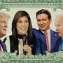 Nikki Haley ist Donald Trumps (l.) stärkste innerparteiliche Konkurrentin, Ron DeSantis (2.v.r.) befindet sich am absteigenden Ast. US-Präsident Joe Biden ist bei den Demokraten hingegen gesetzt