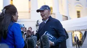 President Joe Biden speaks to members of the media before boarding Marine One on the South Lawn of the White House in Washington, Friday, March 1, 2024, to travel to Camp David, Md., for the weekend. (AP Photo/Andrew Harnik)