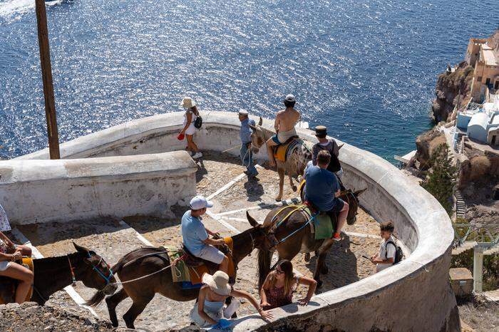 Santorin | Touristen beim Eselreiten