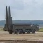ALABINO,  RUSSIA  -  AUGUST  25,  2020:  The  launcher  of  the  Iskander-M  missile  system  at  the  test  site.  Russia xkwx Iskander-M,  Russia,  army,  iskander,  m,  9k720,  operational,  tactical,  missile,  complex,  system,  otrk,  launcher,  russian,  modern,  equipment,  military,  combat,  position,  demonstration,  program,  international,  technical,  forum,  polygon,  alabino,  summer,  august,  day,  cloudy,  no  people