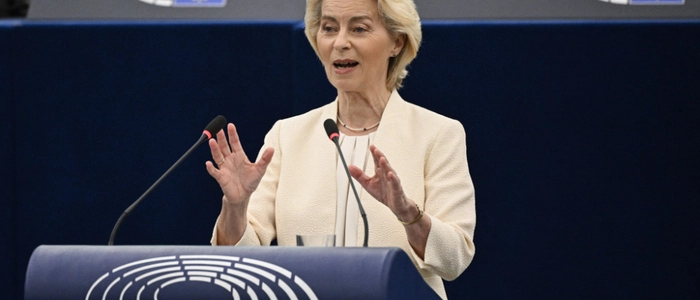 European Commission President Ursula von der Leyen gestures as she delivers a speech during her annual State of the Union address at a plenary session of the European Parliament in Strasbourg, eastern France on September 16, 2026. EU chief Ursula von der Leyen said on September 16, 2026 the future of the 27-nation bloc depends on how it manages climate change and artificial intelligence, as she delivered a major speech in Strasbourg. (Photo by Jean-Christophe VERHAEGEN / AFP)