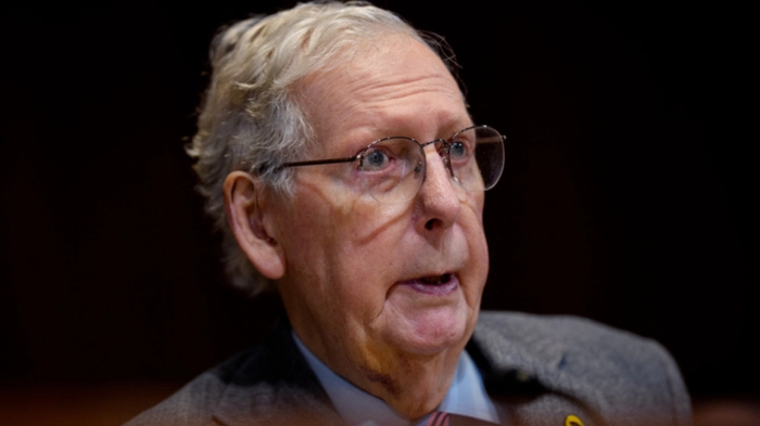 WASHINGTON, DC - DECEMBER 3: Sen. Mitch McConnell (R-KY) speaks during a Senate Appropriations Subcommittee hearing on "The Abduction of Ukrainian Children by the Russian Federation" on Capitol Hill on December 3, 2025 in Washington, DC. Congressmen in the House and Senate on both sides of the isle joined the Ukrainian Ambassador to the United States and advocates to testify about the Russian war effort to abduct thousands of Ukrainian children and forced to undergo "re-education" and militarization. Andrew Harnik/Getty Images/AFP (Photo by Andrew Harnik / GETTY IMAGES NORTH AMERICA / Getty Images via AFP)