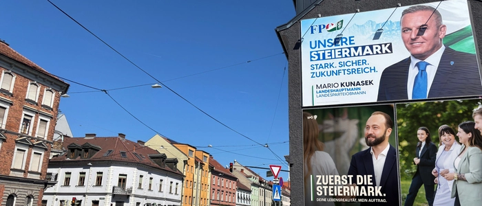 Plakate, Plakate, Plakate – ganz ohne Wahlkampf, auf dieser Hauswand hängt aktuell nur Landeshauptmann Mario Kunasek, die anderen Sujets sind montiert