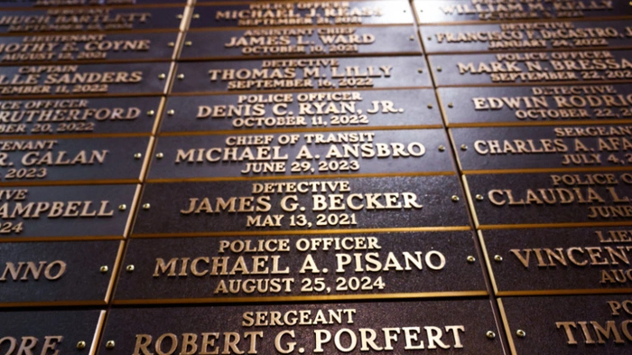 The new 9/11 Memorial Wall is seen at One Police Plaza in New York, on September 9, 2026. (Photo by kena betancur / AFP)