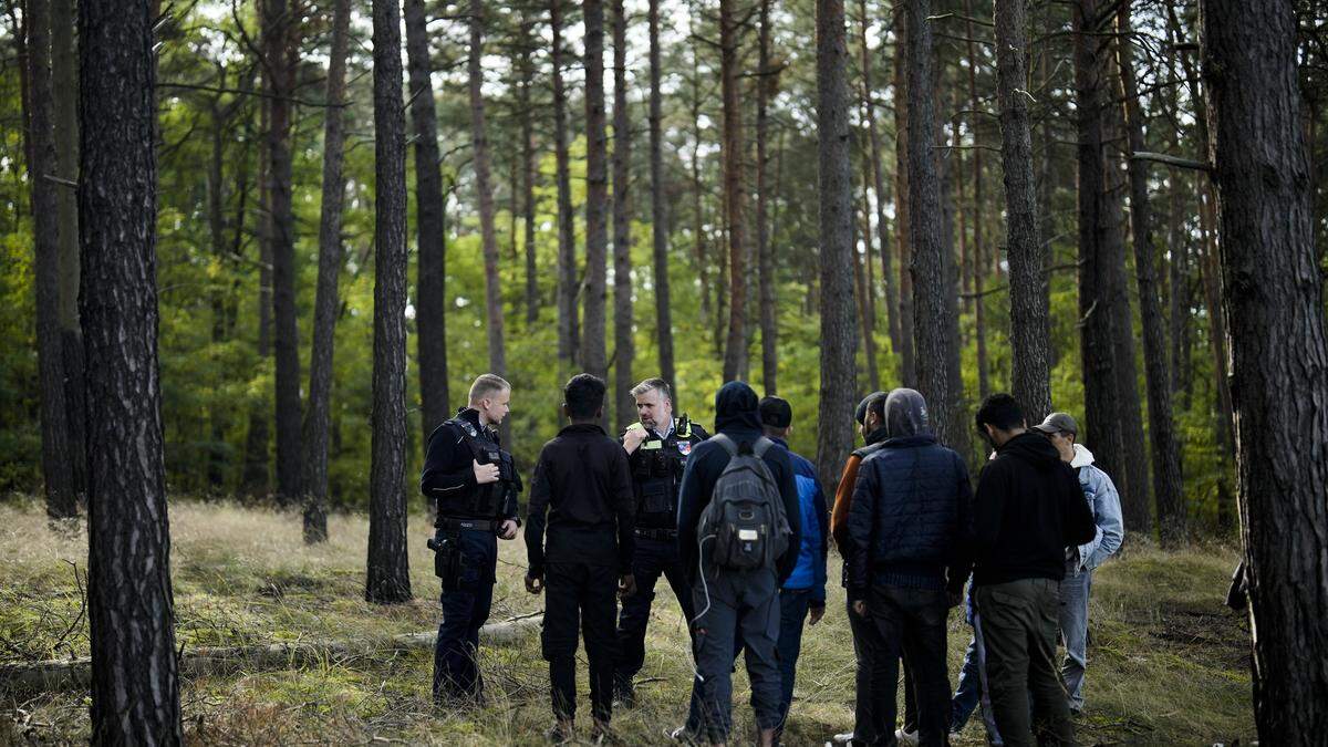Deutsche Polizisten greifen nahe der polnischen Grenze eine Gruppe von illegalen Migranten auf