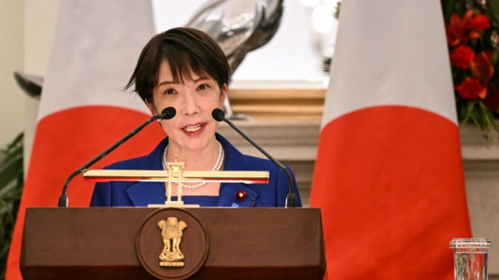 Japan's Prime Minister Sanae Takaichi speaks during joint press statements with India's Prime Minister Narendra Modi after their meeting at the Hyderabad House in New Delhi on July 2, 2026 (Photo by Sajjad HUSSAIN / AFP)