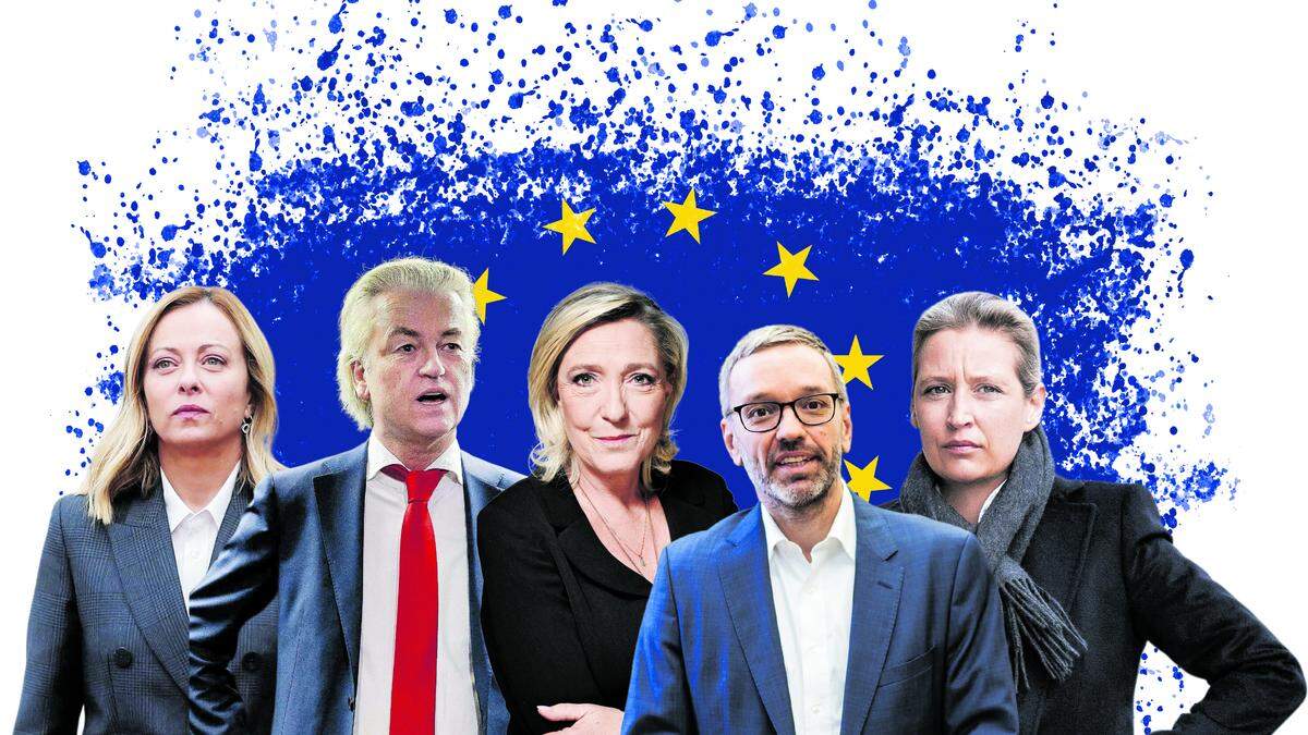 Sie wollen in Europa hoch hinaus: Giorgia Meloni, Geert Wilders, Marine Le Pen, Herbert Kickl und Alice Weidel (von links nach rechts)