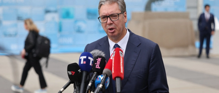 Serbia's President Aleksandar Vucic speaks to the press on the sidelines of the 81st United Nations General Assembly at the United Nations Headquarters in New York, on September 22, 2026. (Photo by Ludovic MARIN / AFP)