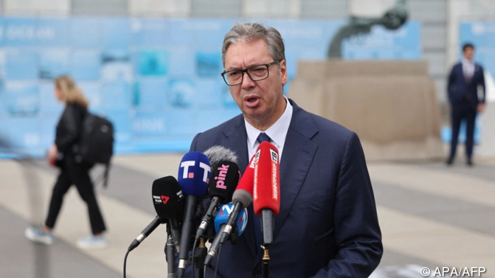 Serbia's President Aleksandar Vucic speaks to the press on the sidelines of the 81st United Nations General Assembly at the United Nations Headquarters in New York, on September 22, 2026. (Photo by Ludovic MARIN / AFP)
