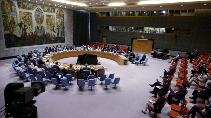 The United Nations Security Council holds an emergency meeting on the Ukraine-Russia war at UN Headquarters in New York, on July 27, 2026. The emergency session was requested by Ukraine and backed by European members to address recent Russian missile and drone strikes hitting civilian cargo ships and port infrastructure in the Black Sea. (Photo by Leonardo MUNOZ / AFP)