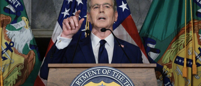 WASHINGTON, DC - AUGUST 24: U.S. Treasury Secretary Scott Bessent calls on reporters after announcing a new set of sanctions against Iran, describing them as "an economic D-Day", in the Cash Room at the Treasury Department on August 24, 2026 in Washington, DC. Bessent threatened Iran in an opinion piece in the Financial Times on Sunday with "the single greatest financial offensive ever", almost six months after the United States and Israel launched a war against Iran in February. Chip Somodevilla/Getty Images/AFP (Photo by CHIP SOMODEVILLA / GETTY IMAGES NORTH AMERICA / Getty Images via AFP)