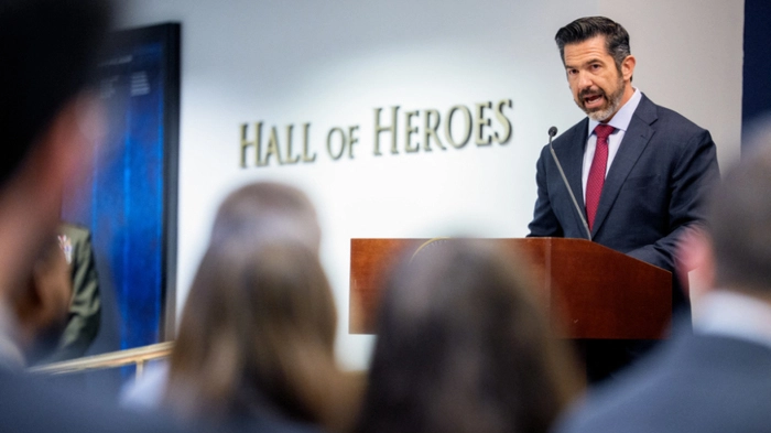 ARLINGTON, VIRGINIA - AUGUST 26: Sean Parnell, Chairman of the Afghanistan Withdrawal Special Review Panel and the Chief Pentagon Spokesman, speaks during an event to honor Marines who were serving during the 2021 Abbey Gate bombing, at the Pentagon on August 26, 2026 in Arlington, Virginia. Three U.S. Marines from Golf Company have their valor awards formally upgraded to honor their heroism and lifesaving actions during the 2021 Abbey Gate bombing, at Hamid Karzai International Airport in Kabul. Andrew Harnik/Getty Images/AFP (Photo by Andrew Harnik / GETTY IMAGES NORTH AMERICA / Getty Images via AFP)