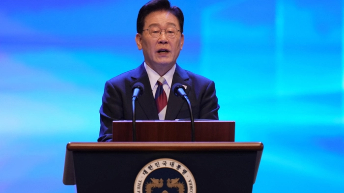 South Korean President Lee Jae Myung speaks during a ceremony to celebrate the 81st anniversary of the Korean Liberation Day in Seoul on August 15, 2026. (Photo by Lee Jin-man / POOL / AFP)