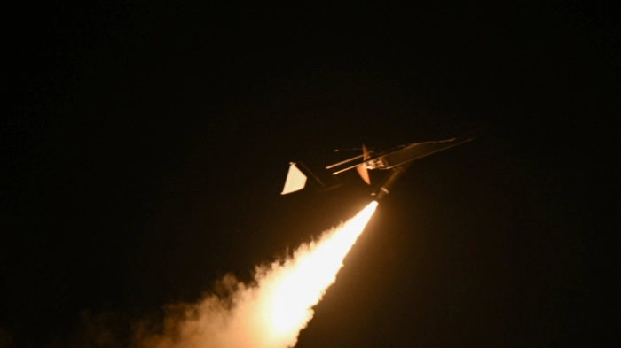 This photograph shows a Ukrainian long-range drone launched by servicemen of the 9th Kairos Battalion of the “Madyar's Birds” from an undisclosed location in Ukraine, on May 16, 2026, hours before Moscow reported the major attack amid the Russian invasion of Ukraine. (Photo by Genya SAVILOV / AFP)