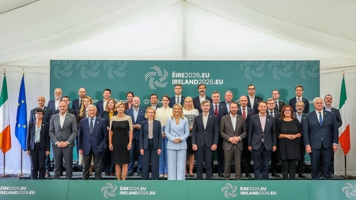 European Commission High Representative and Vice President Kaja Kallas (5th L-front) and Ireland's Defence and Foreign Minister Helen McEntee (6th L-front) pose with visiting EU foreign affairs ministers during their informal meeting at Druids Glen in Wicklow, south of Dublin, Ireland, on September 2, 2026. The EU on September 2 said it had summoned Russia's top diplomat as it eyed sanctions after a drone incident in Germany that the bloc's foreign policy chief said bore the marks of "state-sponsored terrorism". (Photo by Paul Faith / AFP)