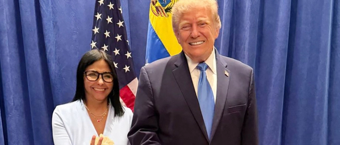 This handout picture released by the Venezuelan Presidency press office shows Venezuela's interim President Delcy Rodriguez and U.S. President Donald Trump posing for a picture during a meeting in New York on September 22, 2026. Venezuela's interim president, Delcy Rodriguez, described her meeting with U.S. President Donald Trump in New York on September 22 as "historic." (Photo by Handout / Venezuelan Presidency / AFP) / RESTRICTED TO EDITORIAL USE - MANDATORY CREDIT "AFP PHOTO / VENEZUELAN PRESINDENCY / HANDOUT / " - NO MARKETING NO ADVERTISING CAMPAIGNS - DISTRIBUTED AS A SERVICE TO CLIENTS