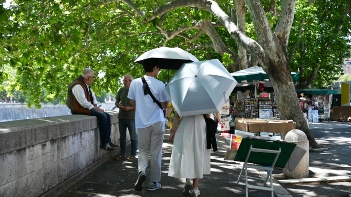 Touristen schützen sich mit Sonnenschirmen | Touristen schützen sich mit Sonnenschirmen