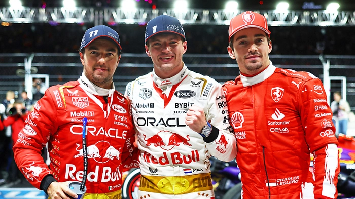 Perez (l.), Verstappen (m.) und Leclerc (r.) glücklich | Perez (l.), Verstappen (m.) und Leclerc (r.) glücklich