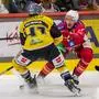 KLAGENFURT,AUSTRIA,07.MAR.25 - ICE HOCKEY - ICE Hockey League, play off quarterfinal, Klagenfurter AC vs HC Pustertal. Image shows Fabian Hochegger (KAC) and Cedric Lacroix (Pustertal).   Photo: GEPA pictures/ Matthias Trinkl