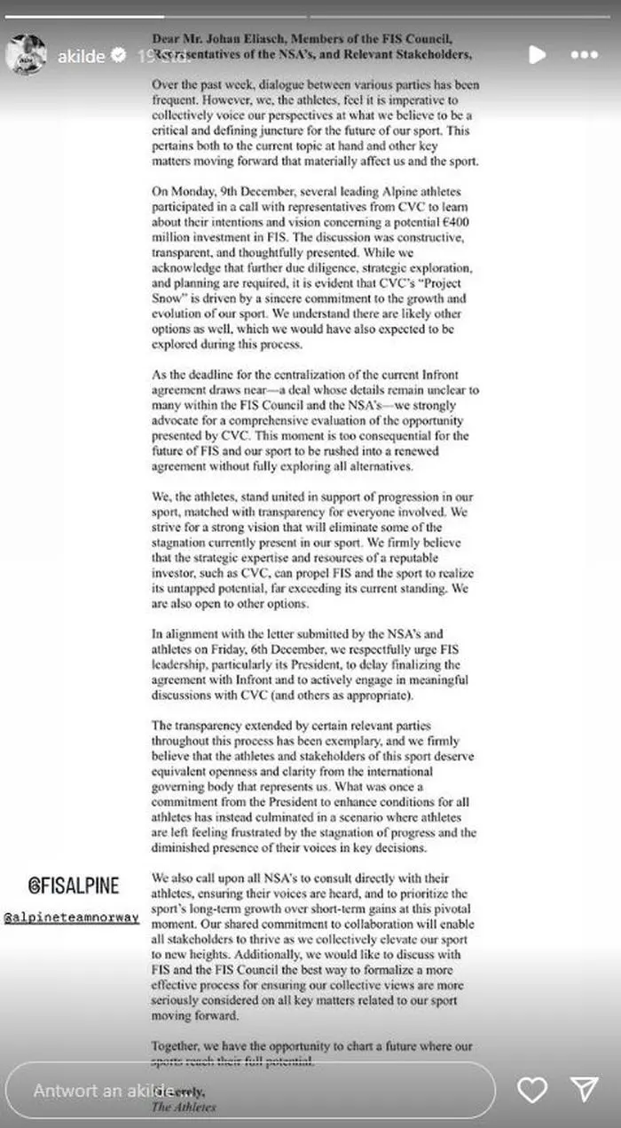 Aleksander Aamodt Kilde teilte den an Johan Eliasch gerichteten Brief