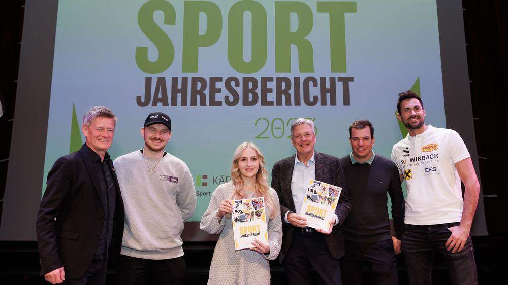 Landessportdirektor Arno Arthofer mit Kevin Boeck, Anna Stoss, Peter Kaiser, Markus Salcher und Christoph Dressler