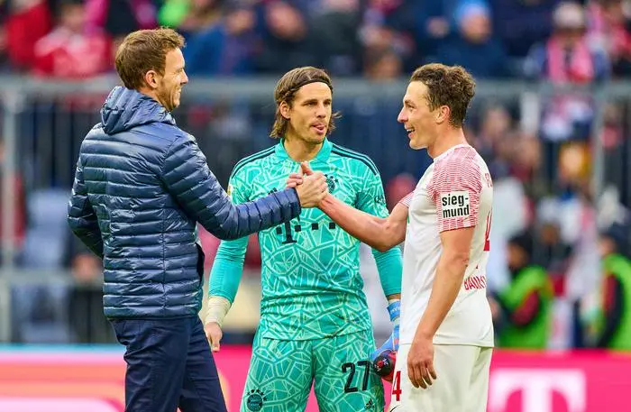 Yann Sommer, FCB 27 goalkeeper , Trainer Julian Nagelsmann FCB, team manager, headcoach, coach, Julian Baumgartlinger, FCA 14 after the match FC BAYERN MUENCHEN - FC AUGSBURG 5-3 1.German Football League on Mar 11, 2023 in Munich, Germany. Season 2022/2023, matchday 24, 1.Bundesliga, FCB, München, 24.Spieltag.