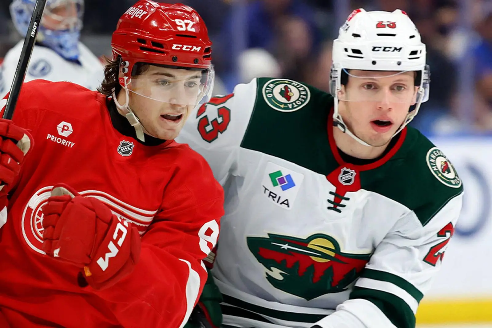 Detroit Red Wings-Stürmer Marco Kasper empfängt Minnesota-Torjäger Marco Rossi