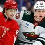 Detroit Red Wings-Stürmer Marco Kasper empfängt Minnesota-Torjäger Marco Rossi