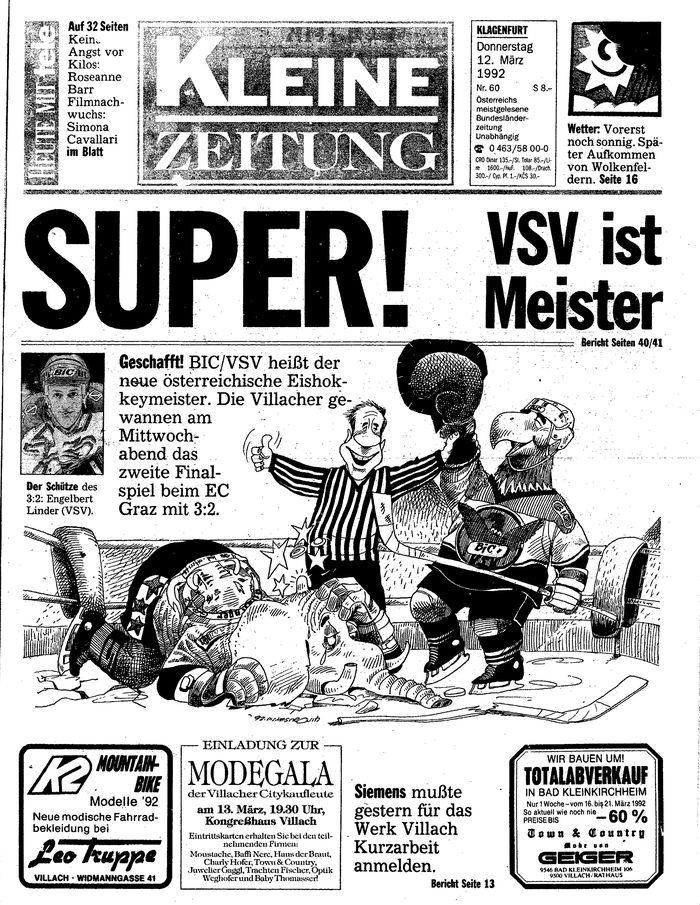 Die Titelseite der Kleinen Zeitung vom 12. März 1992